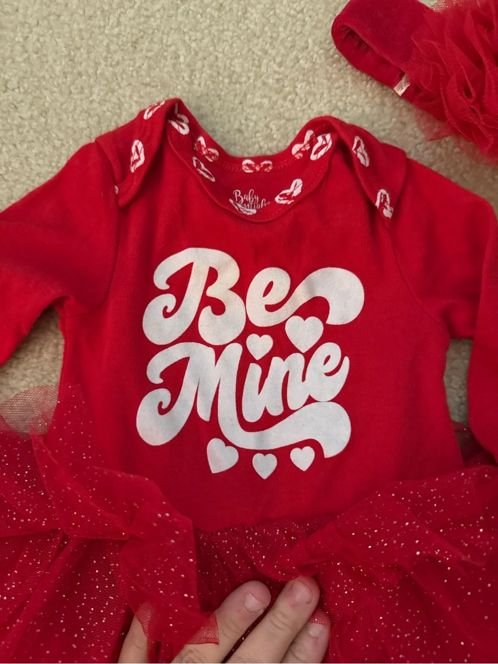 Baby Valentine Red 'Be Mine' Tutu Footed Romper with Headband